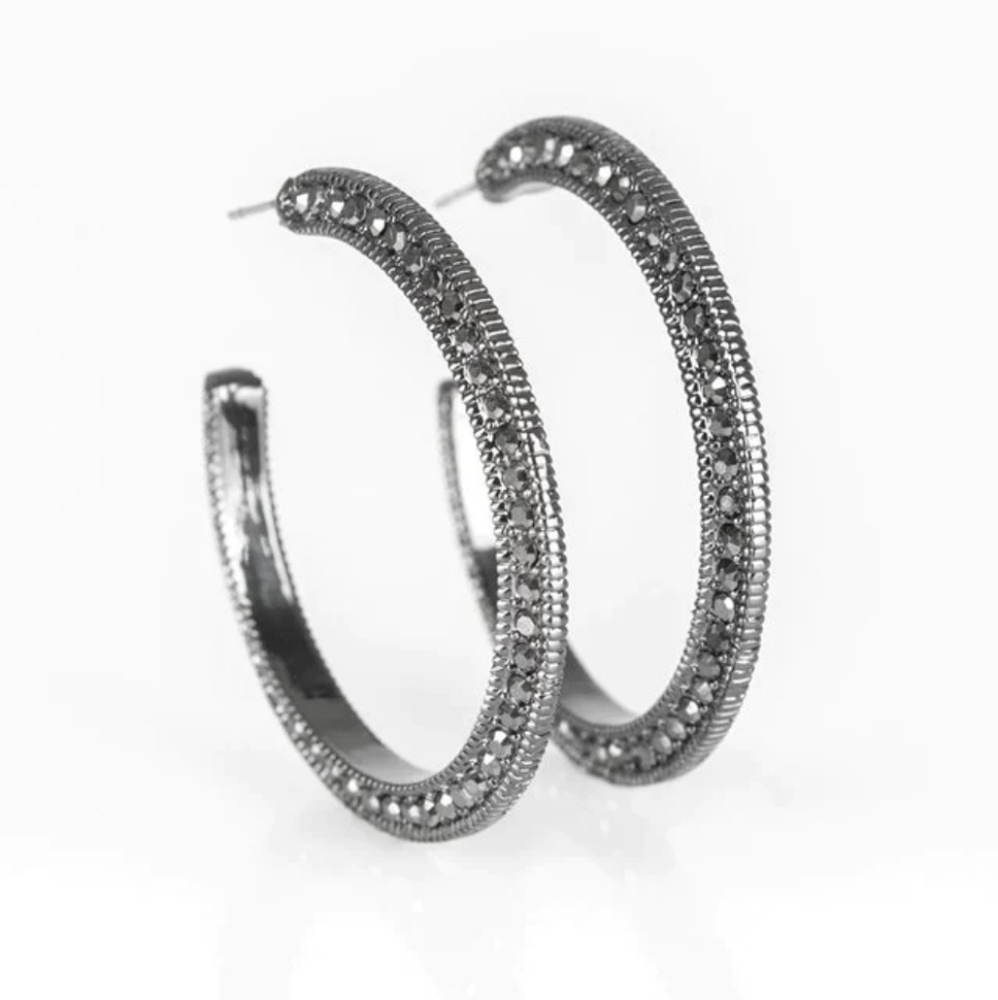 Paparazzi Dazzling Diamond-naire Black Hoop Earrings - Picture 1 of 5
